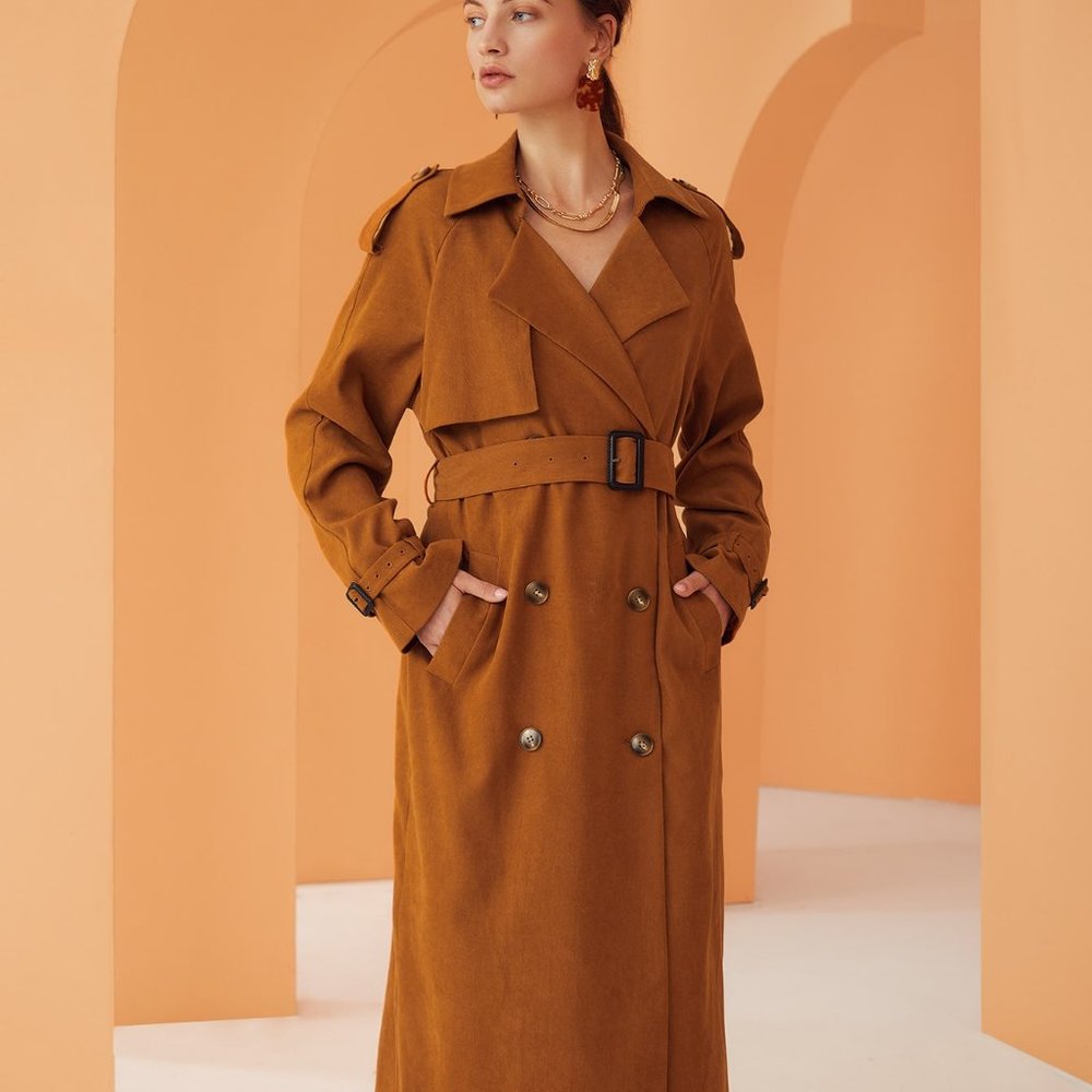 Brand New Epaulettes Design Double Breasted Belted Trench Coat 	Brown